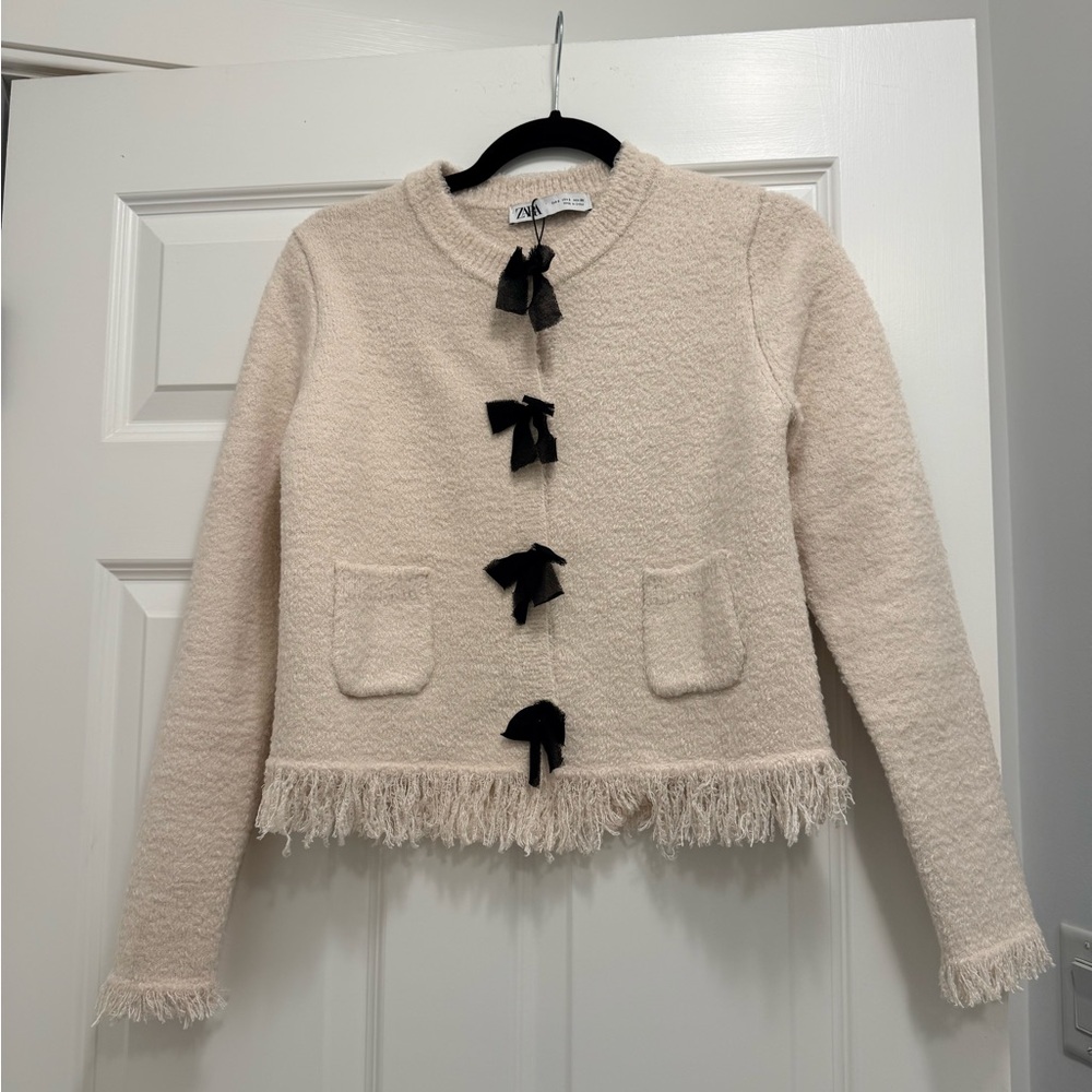 Zara Cream Bouclé Jacket with Black Bow Details